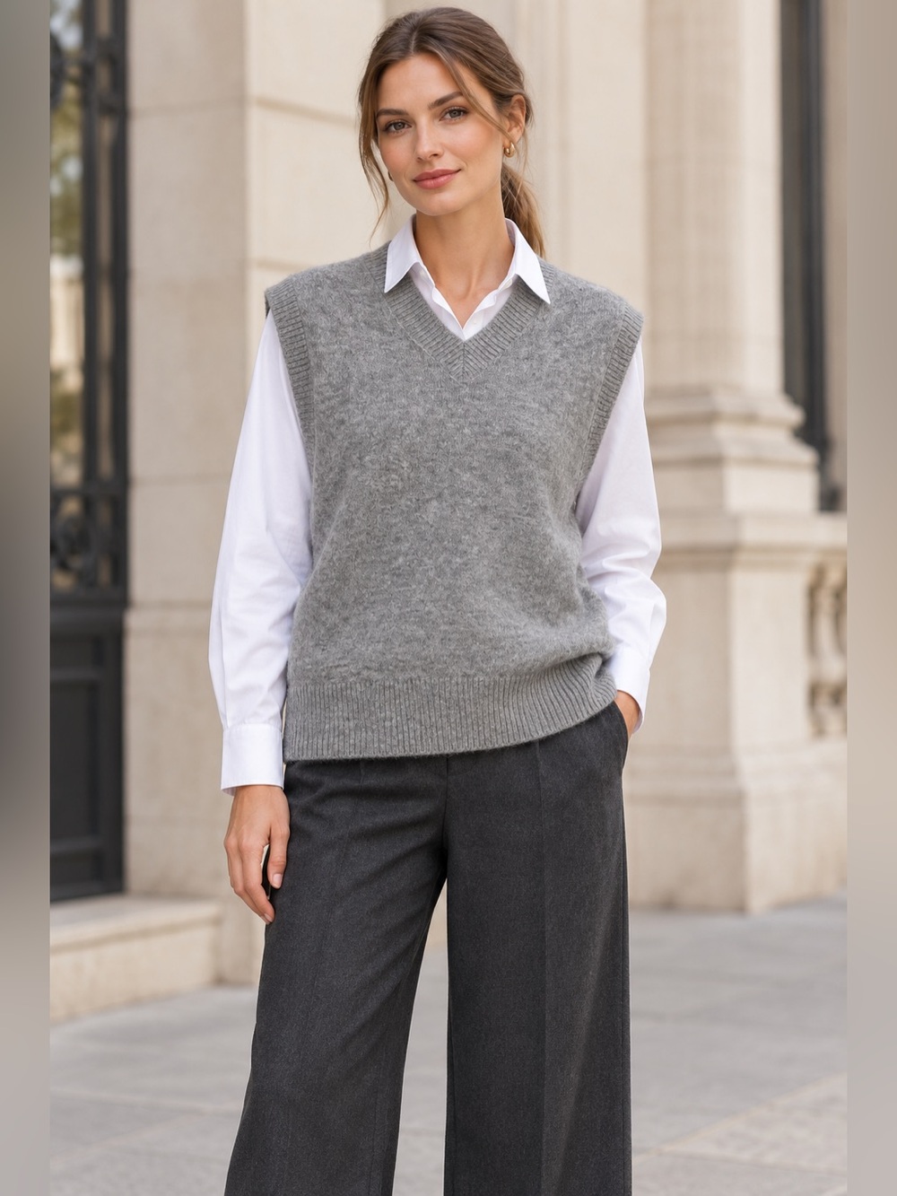 ZARA Gray Wool Blend V-Neck Knit Sweater Vest – Size L NWT